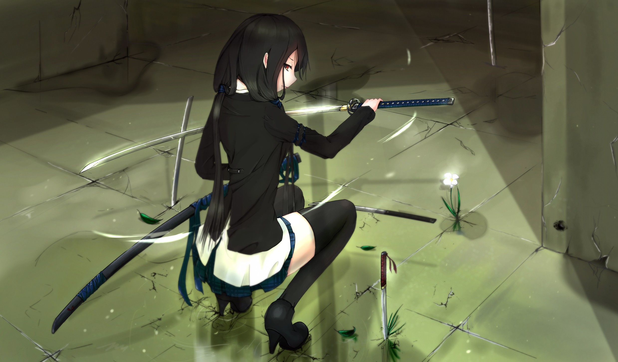 katana, skirts, red eyes, thigh highs, anime girls, swords, black hair